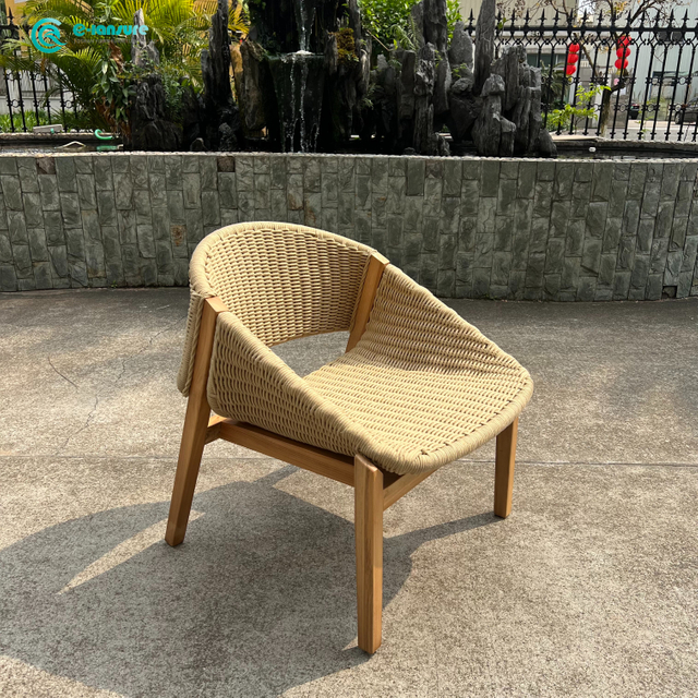Pastoral Style Outdoor Lounge Chair Teakwood Frame Leisure Chair With Woven Rattan 