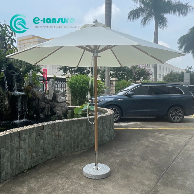 Modern Wholesale Garden Umbrella Aluminum Frame With Wood Finish All Weather Fabric Patio Parasol With Marble Base for Hotel Resort Beach