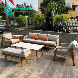 Retro Style Outdoor Garden Furniture Teak Wood Sofa Set Patio Wood Sofa Chair With Coffee Table And Ottoman for Home Villa Courtyard