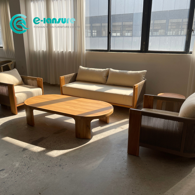 Outdoor Teak Wood Furniture Garden Wooden Sofa And Coffee Table Set Patio Woven Rope Sofa Furniture for Home Villa Courtyard