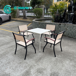 All Aluminum Outdoor Furniture Garden Dining Chair And Square Table Set All Weather Fabric Patio Chair with Teak Wood Armrest for Home Restaurant