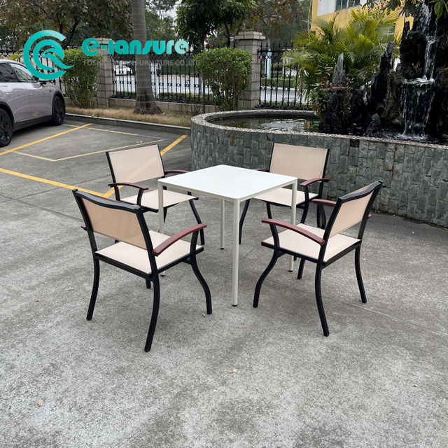 All Aluminum Outdoor Furniture Garden Dining Chair And Square Table Set All Weather Fabric Patio Chair with Teak Wood Armrest for Home Restaurant