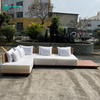 Classical Outdoor Aluminum Frame Teak Wood Base Sectional Sofa Set With Woven Rattan Backrest