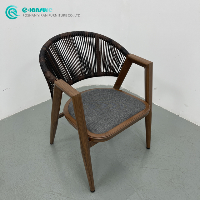 Retro Patio Garden Furniture Quality Aluminum Frame with Wood Finish Dining Chair Woven Rope Single Chair for Home Villa Resort
