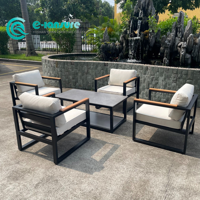 Factory Modern Sofa Furniture Quality Aluminum Frame Sofa with Wood Armrest Patio Sofa Set for Home Garden Courtyard