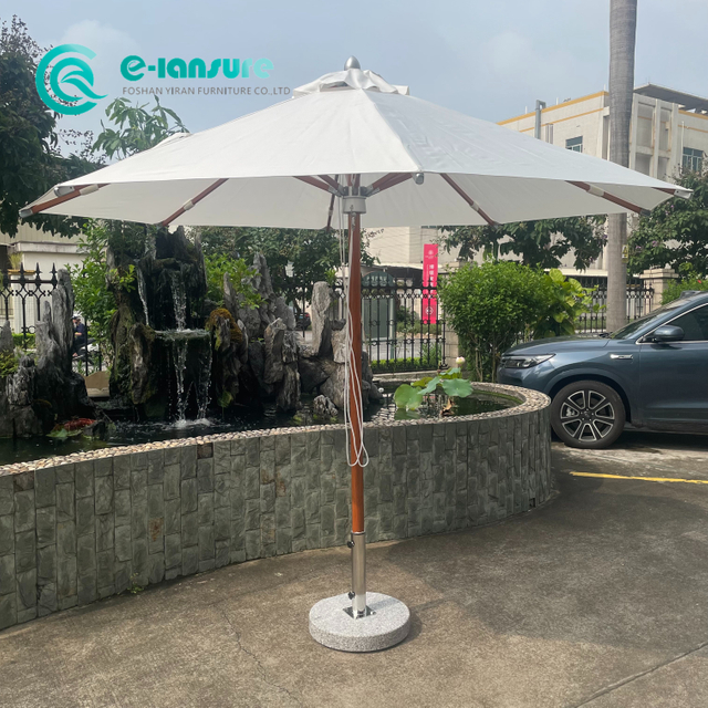 Factory Direct Outdoor Umbrella Teak Wood Pole Patio Parasol with Durable Marble Base All Weather 3 Meters Round Sunshade Umbrella for Hotel Resort