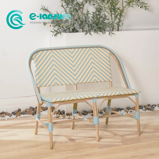Nordic Style Outdoor Bistro Furniture Aluminum Frame Garden Long Sofa Chair Elegant Woven Rattan Bench Chair for Home Hotel Coffee Shop