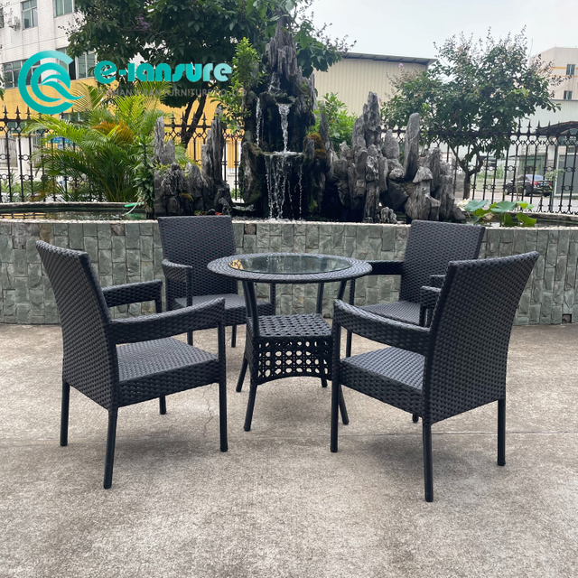 Classical Style Garden Furniture Quality Aluminum Frame Dining Chair And Table Black Rattan 4+1 Dining Set for Outdoor Patio Restaurant
