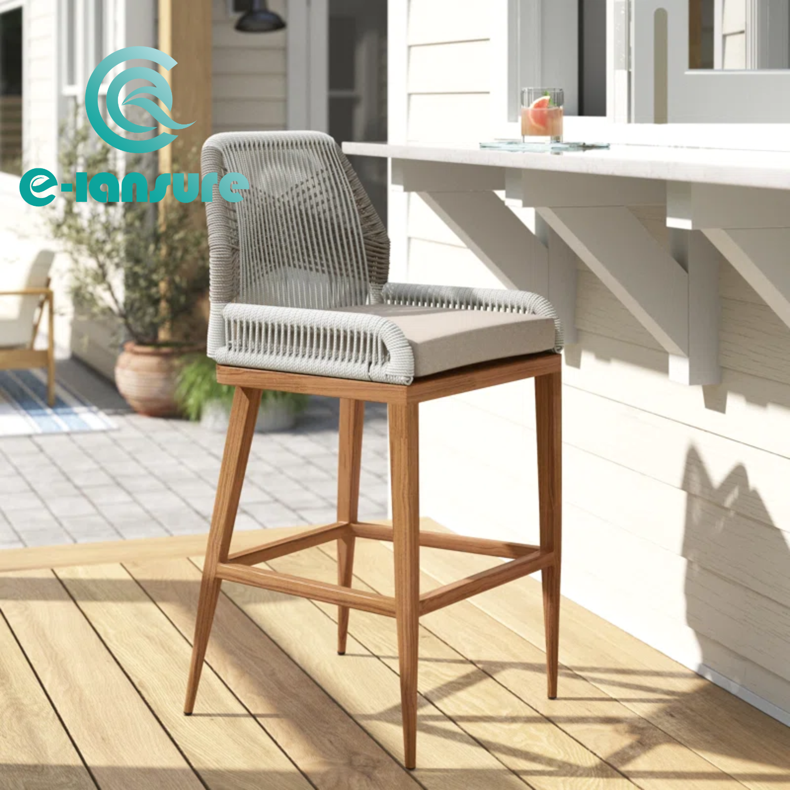 Retro Style Garden Furniture Teak Wood Frame Bar Chair Elegant Patio Rope High Bar Stool for Outdoor Restaurant 