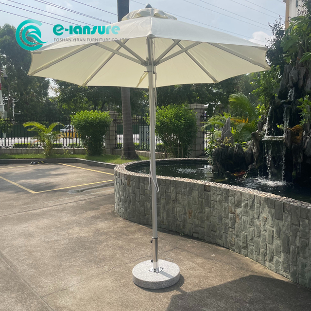 Minimalist Garden Furniture Poolside Umbrella Quality Aluminum Frame Sliver White Patio Parasol With Marble Base for Outdoor Restaurant