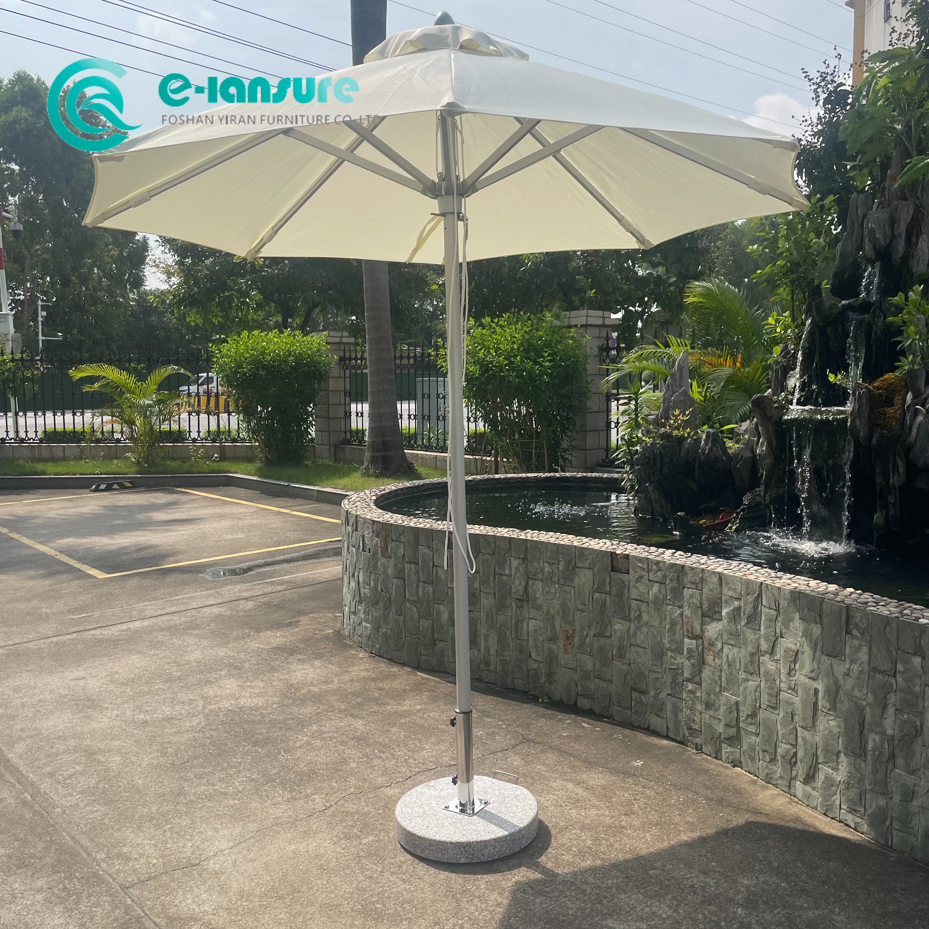 Minimalist Garden Furniture Poolside Umbrella Quality Aluminum Frame Sliver White Patio Parasol With Marble Base for Outdoor Restaurant
