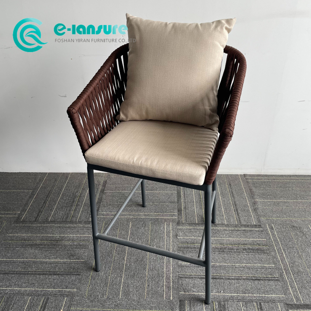 Garden Bar Furniture Aluminum Frame Bar Chair Brown Rope High Bar Stool With All Weather Cushion for Home Hotel Courtyard