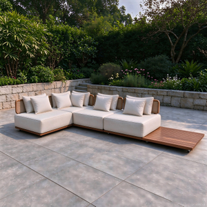 Classical Outdoor Aluminum Frame Teak Wood Base Sectional Sofa Set With Woven Rattan Backrest
