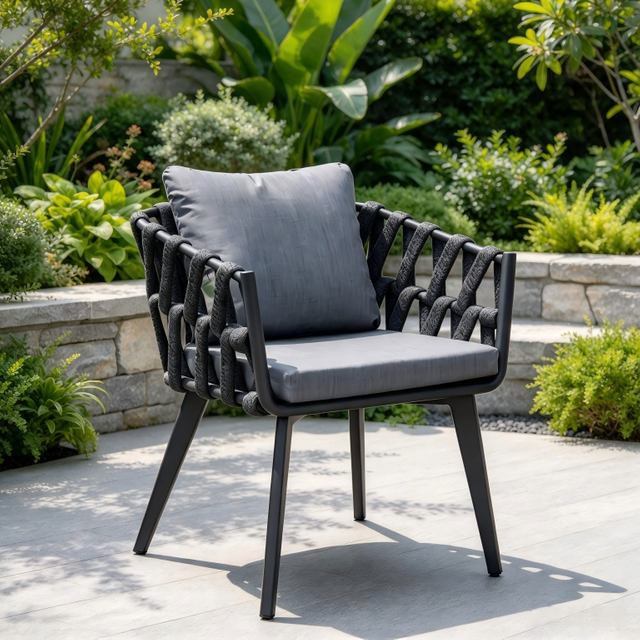 Muebles de exterior, silla de comedor de cuerda de aluminio con recubrimiento en polvo, juego de mesa de comedor extensible para Villa Garden