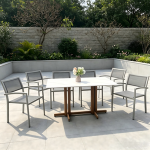 Elegant Outdoor Dining Furniture Aluminum Frame Dining Chair with Plywood Armrest And Wood Finish Base Dining Table For Patio Restaurant
