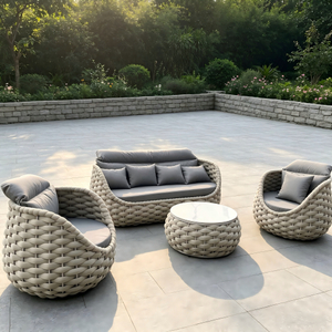 Koleksi Retro dan Bergaya Furnitur Luar Ruangan Bingkai Aluminium Sofa Bulat Tali Abu-abu Set Empat untuk Taman Teras
