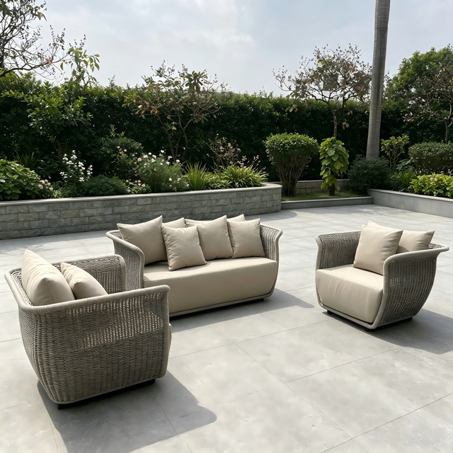 Muebles de jard&iacute;n minimalistas para exteriores, sof&aacute; con estructura de aluminio y mesa de centro, elegante sof&aacute; tejido con cuerda para patio de Hotel