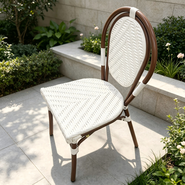  Quality Outdoor Aluminum Frame Dining Chair White PE Rattan Garden Chair Bistro Chair for Courtyard