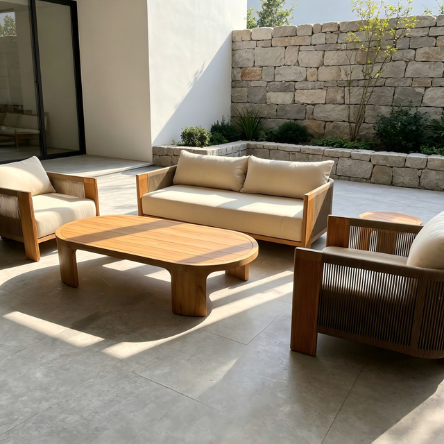 Outdoor Teak Wood Furniture Garden Wooden Sofa And Coffee Table Set Patio Woven Rope Sofa Furniture for Home Villa Courtyard