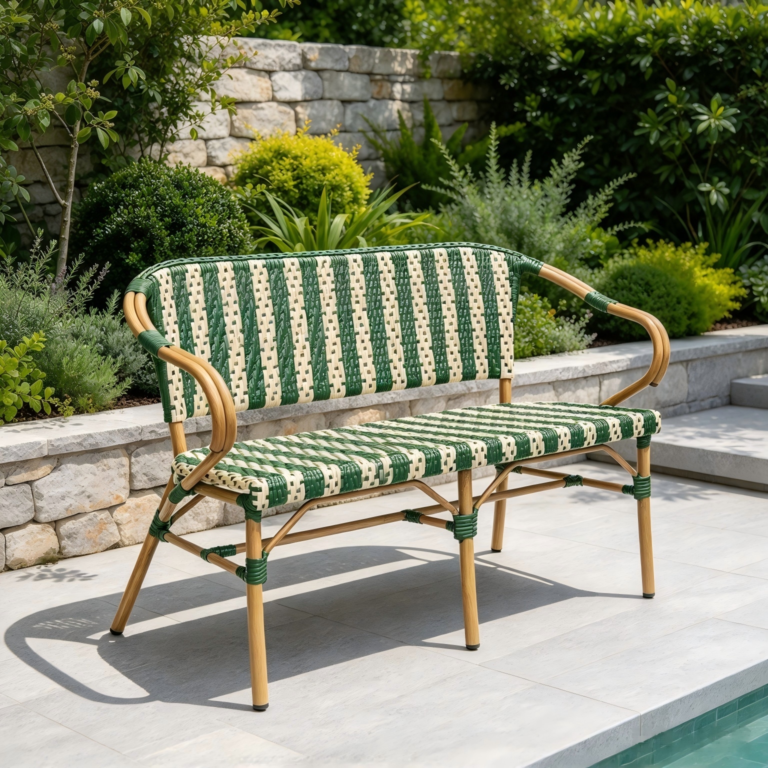 Klassische Outdoor-M&ouml;bel, Aluminiumrahmen, Bankstuhl, Terrasse, gewebtes Rattan, Freizeit-Sofastuhl mit Armlehne f&uuml;r Zuhause, Hotel, Restaurant, Bistro