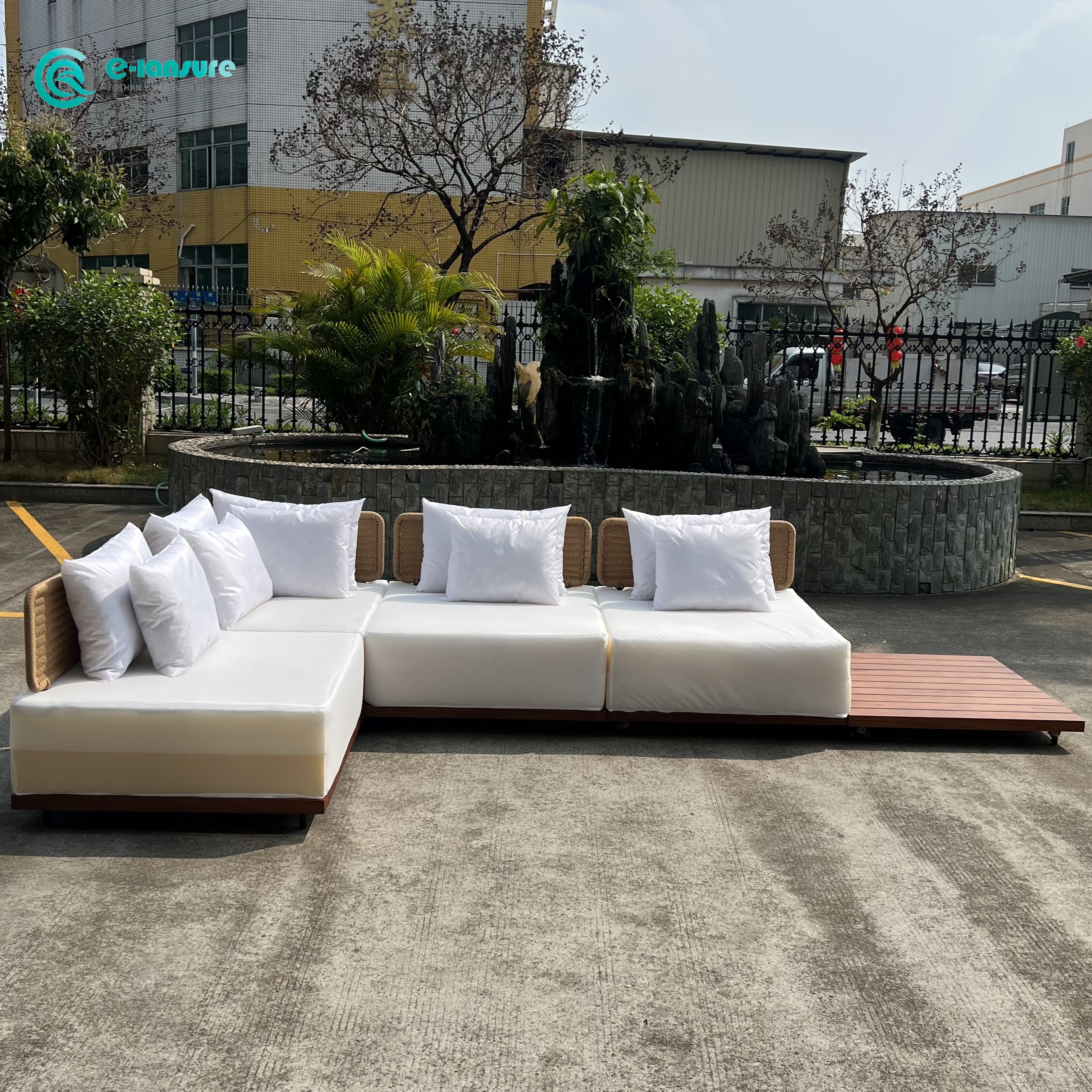 Stylish outdoor sofa on a modern patio