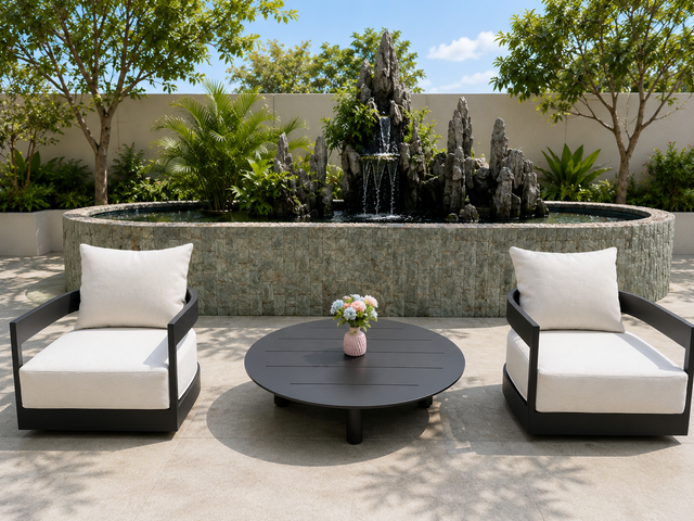 Leisure Outdoor Sofa Furniture Quality Aluminum Frame Garden Rotatable Single Sofa with Round Coffee Table For Hotel Resort