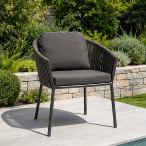 Groothandel tuinmeubilair industri&euml;le zwarte touw eetkamerstoel aluminium frame eetkamerstoel met tafelset voor tuin