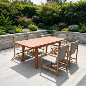 Outdoor Teak Wood Rectangle Dining Table Durable Dining Table With Woven Rope Chair