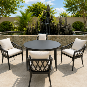 Conjunto de cadeira de jantar de alum&iacute;nio elegante para exterior e mesa redonda para todos os climas Conjunto de jantar em tecido para jardim dom&eacute;stico