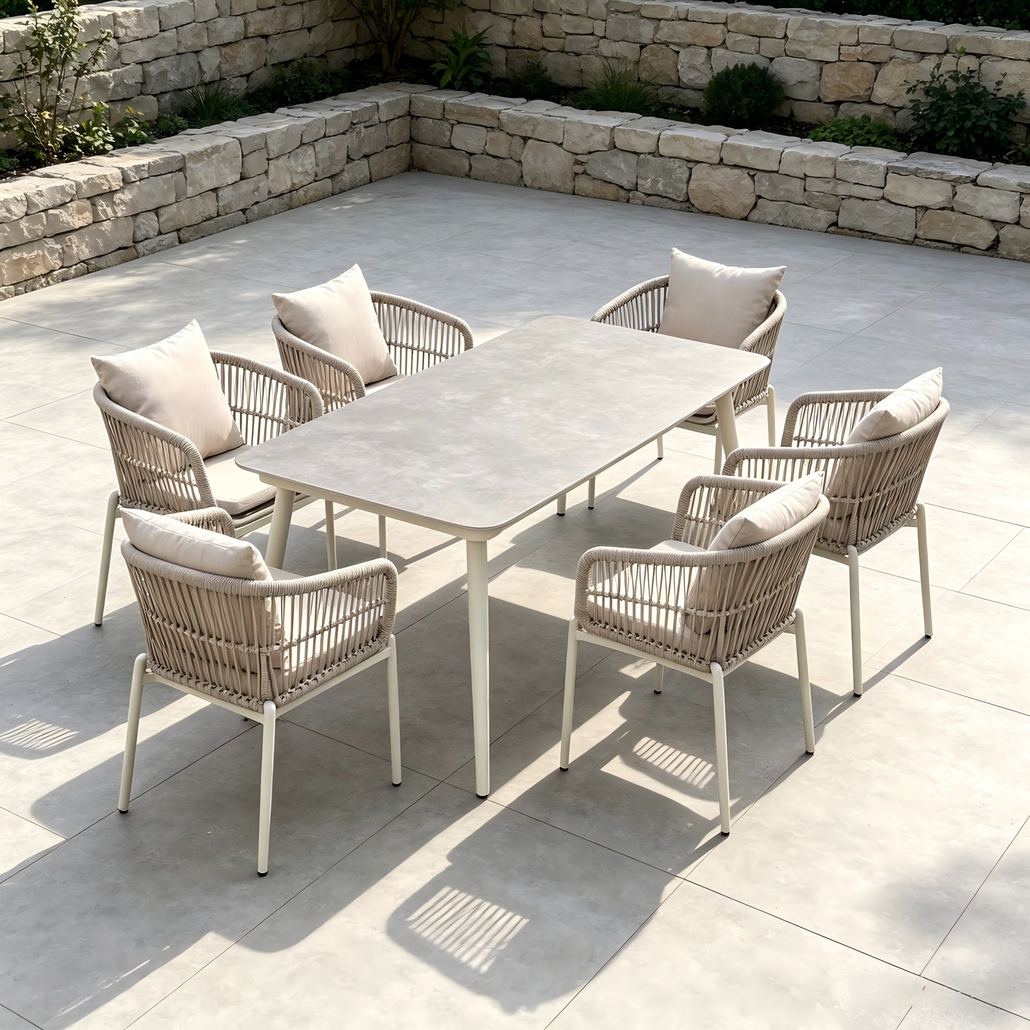 Garden Furniture Aluminum Frame Beige Color Rope Braied Dining Chair with Sintered Stone Rectangular Dining Table For Home Patio