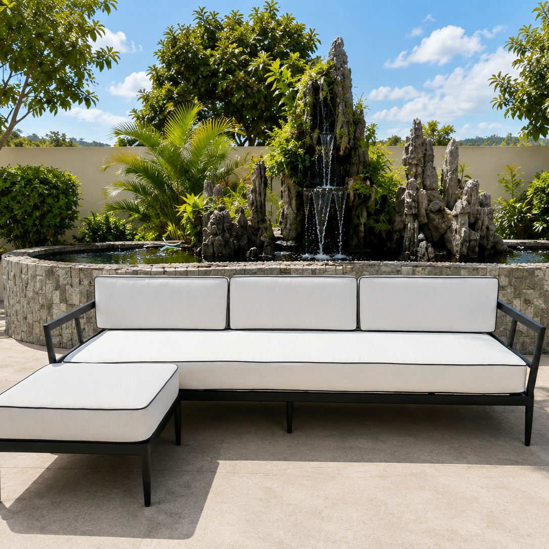 Estilo casual ao ar livre m&oacute;veis sof&aacute; quadro de alum&iacute;nio combina&ccedil;&atilde;o conjunto sof&aacute; jardim com otomano para villa p&aacute;tio