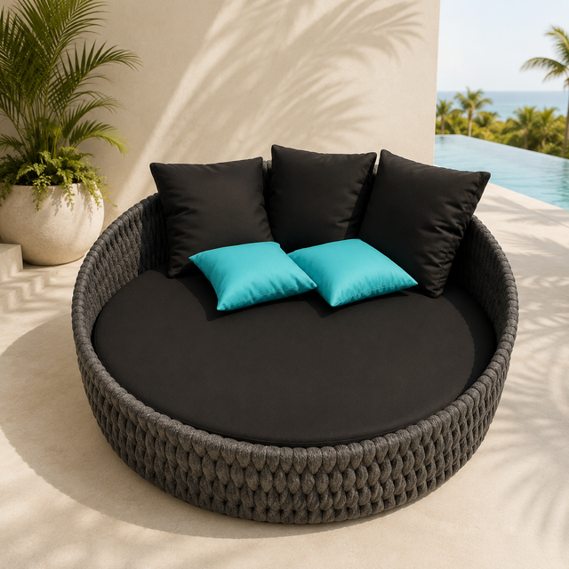 Modern Upholstered Rope Daybed with Throw Pillows Garden Sunbed Aluminum Frame All Weather Round Daybed for Hotel Resort