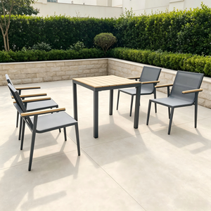Modern Outdoor Dining Furniture Aluminum Frame Dining Chair with Wood Armrest 4+1 Patio Dining Set for Hotel Garden Restaurant
