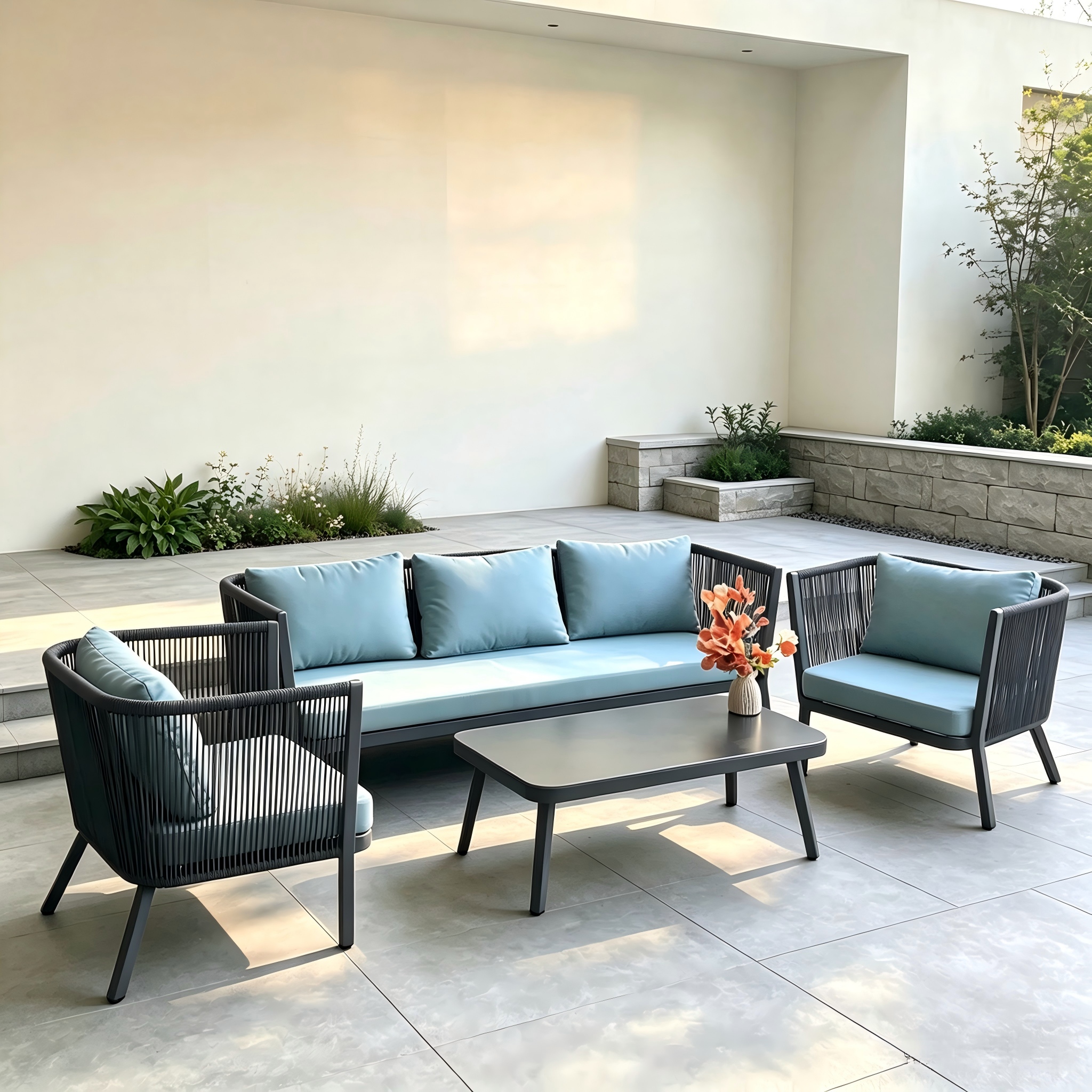 Outdoor Black Aluminum Frame Blue Woven Rope Sofa Set Aluminum Frame Sofa Chair with Coffee Table Set for Home Garden