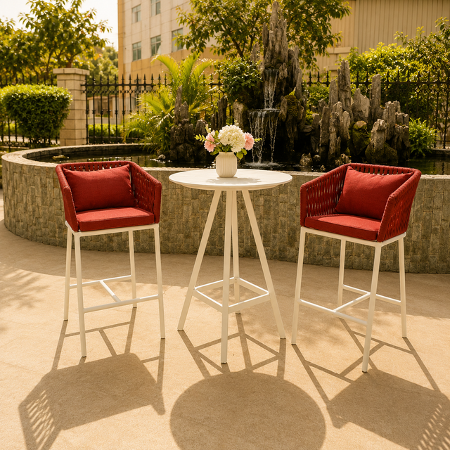 Panlabas na Red Webbing Weaved Bar Stool Powder Coated Aluminum Bar Chair
