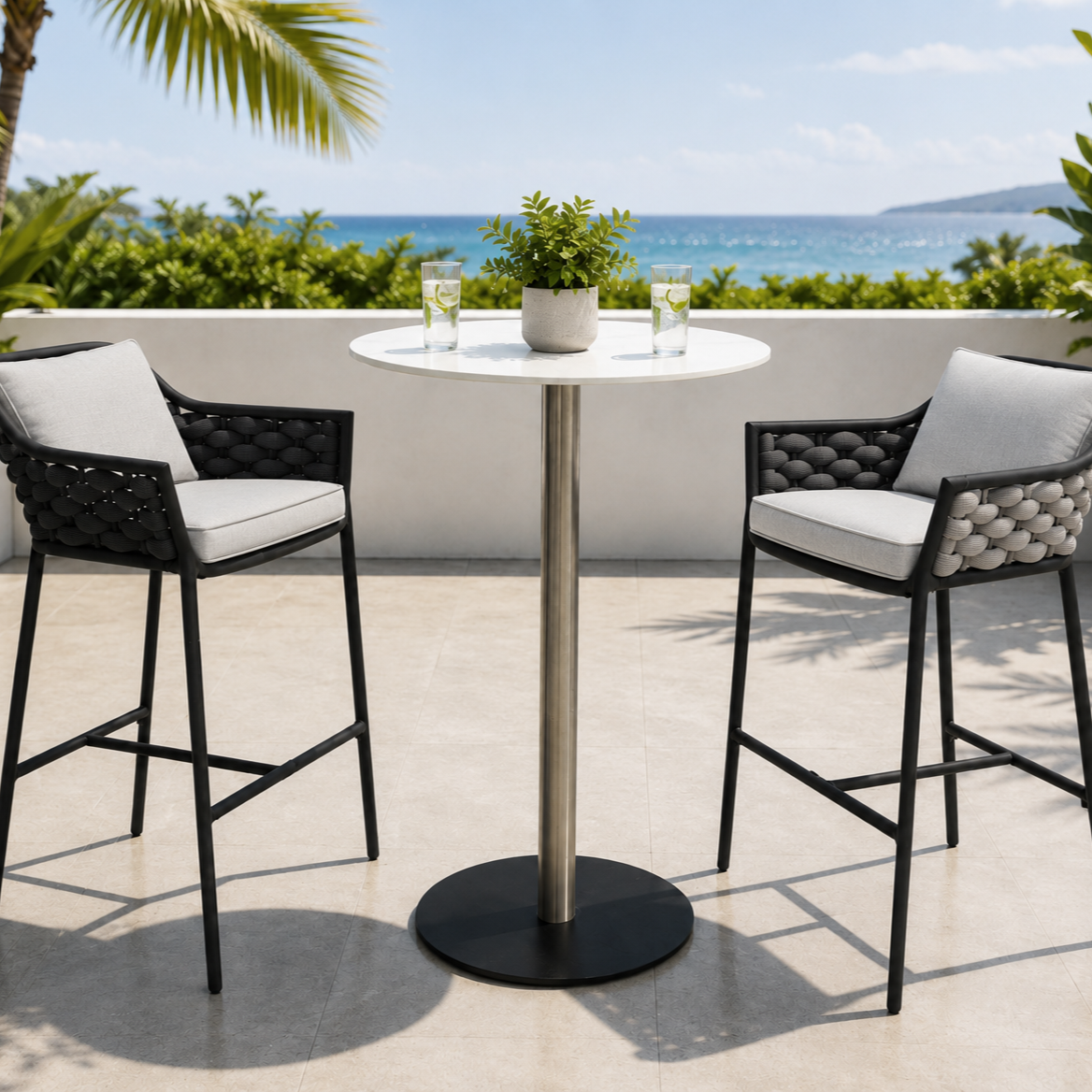 Wholesale Minimalist Outdoor Garden Furniture Aluminum Bar Chair Set All Weather Woven Rope Bar Stool For Hotel Poolside