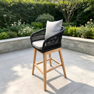  Outdoor Garden Bar Furniture Teak Wood High Back Chair Grey Rope Bar Stool Chair with Cushion For Home Courtyard Patio
