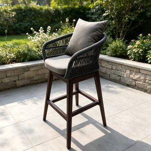 Wholesale Garden Furniture Teak Wood High Bar Chair Woven Rope Bar Stool with Waterrproof Cushion For Hotel Resort Patio