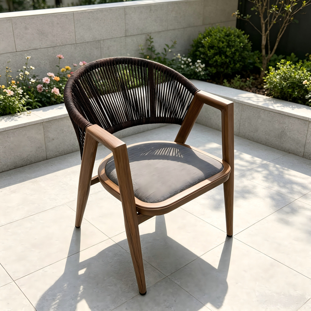 Retro Patio Garden Furniture Quality Aluminum Frame na may Wood Finish Dining Chair Woven Rope Single Chair para sa Home Villa Resort