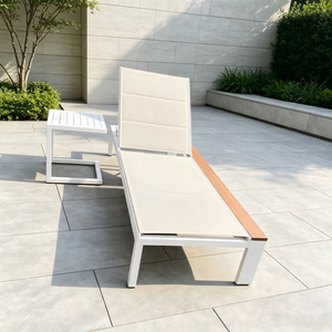 Outdoor Garden Furniture Aluminum Sunbed with Textilene Fabric Poolside Teakwood Sun Lounger