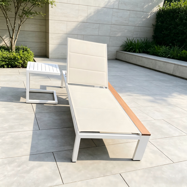 Outdoor Garden Furniture Aluminum Sunbed with Textilene Fabric Poolside Teakwood Sun Lounger