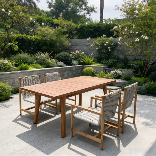 Cuerda tejida de madera de teca del sistema de cena al aire libre del estilo retro que cena la silla con la tabla del rect&aacute;ngulo