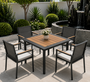 Minimalist Style Outdoor Dining Furniture Aluminum Frame Dining Chair with Wood Armrest Patio 4+1 Dining Set for Home Courtyard