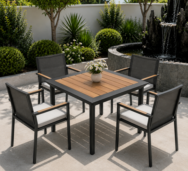Minimalistisk stil Uteserveringsm&oslash;bler Aluminiumsramme Spisestuestol med trearmlene Patio 4+1 spisestuesett for g&aring;rdsplassen