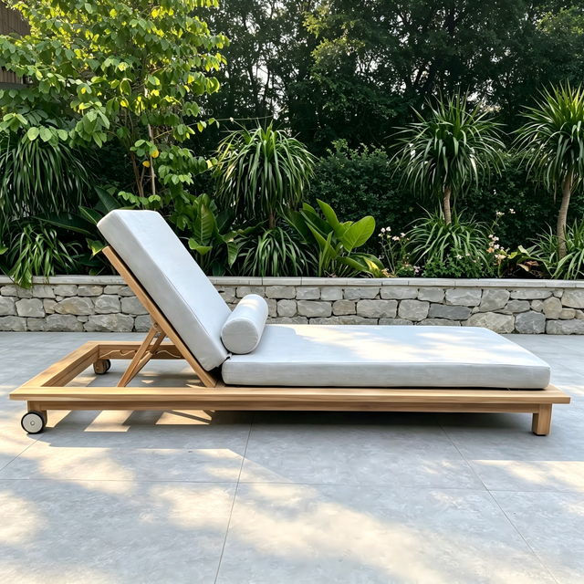 Einfache Gartenm&ouml;bel, Teakholzrahmen, Sonnenliege, Massivholz, Sonnenliege, Terrasse, Pool, Chaiselongue