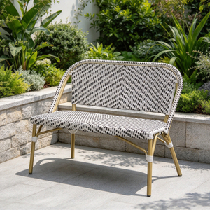 Simple Garden Outdoor Aluminum Frame Bench Chair Stylish Blue And White PE Rattan Long Sofa Chair