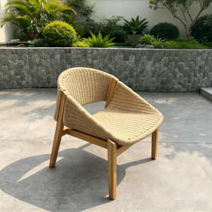 Pastoral Style Outdoor Lounge Chair Teakwood Frame Leisure Chair With Woven Rattan 