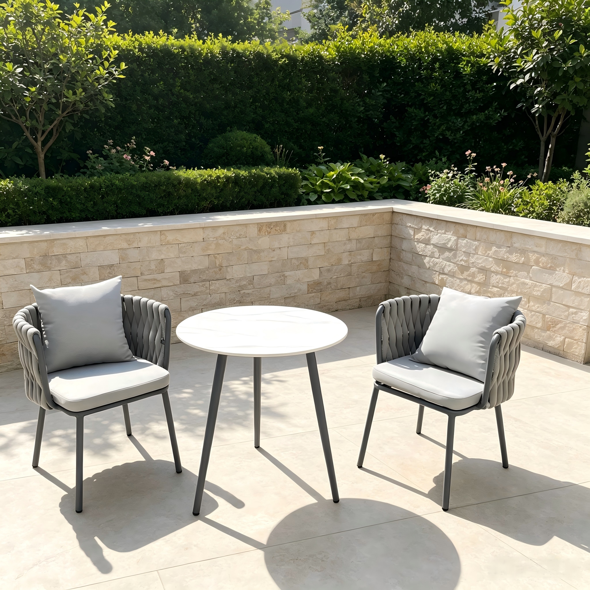 Ensemble de chaise et Table de salle &agrave; manger avec cadre en aluminium, Design ext&eacute;rieur moderne et minimaliste en corde tress&eacute;e, pour jardin et Patio