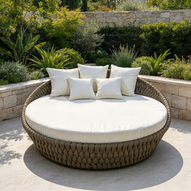 Minimalist Outdoor Garden Furniture 45mm Olefin Rope Weaved Round Shape Aluminum Frame Daybed For Hotel Courtyard
