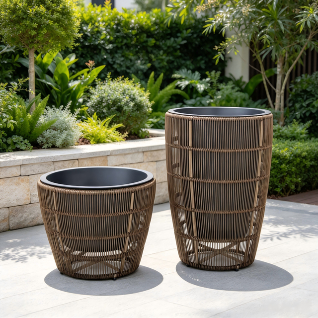 Brown PE Round Rattan Weaved Flower Pot with Inner Container
